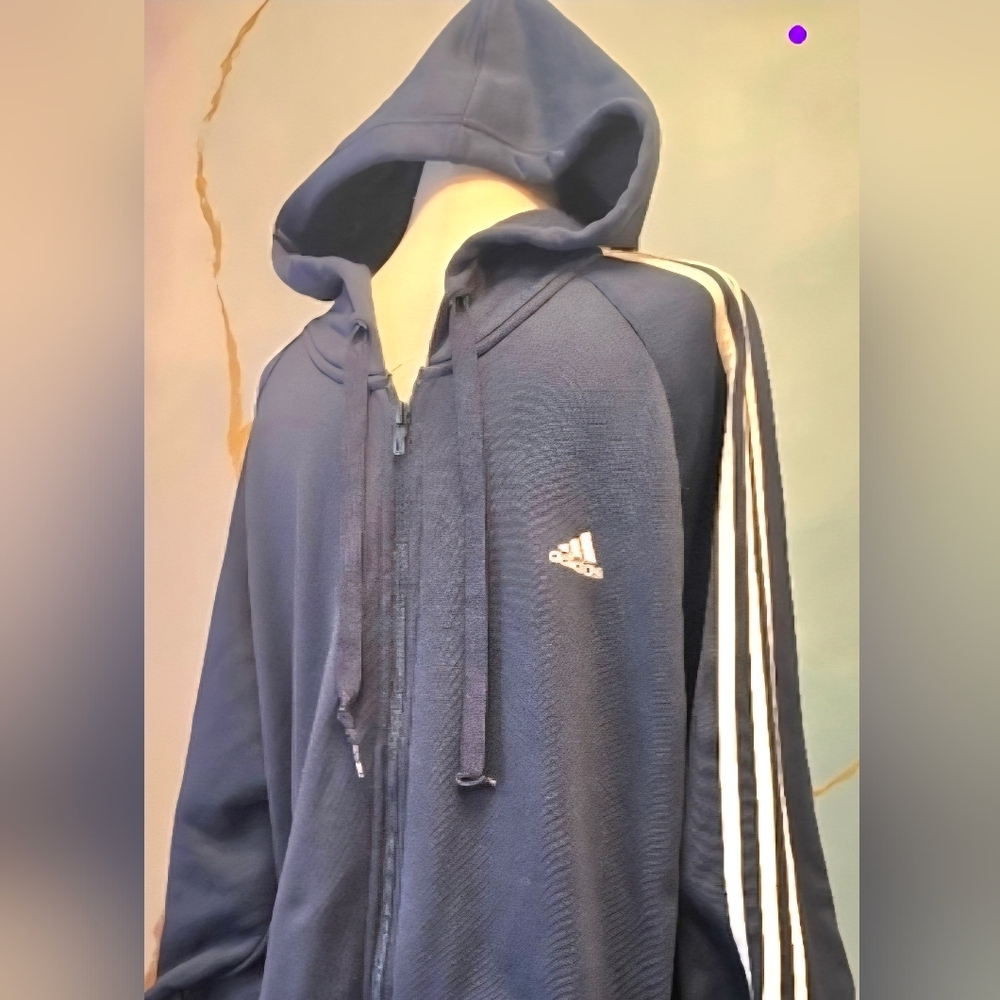 Classic Adidas Navy Zip-Up Hoodie Light Track Jacket with 3 White Stripes XL